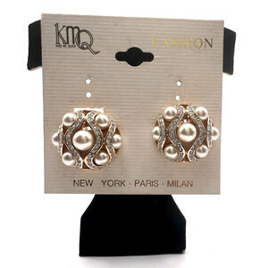 18k Gold Plated Faux Pearl Clip-on RS Earrings KMQ Fashion New York Paris NEW